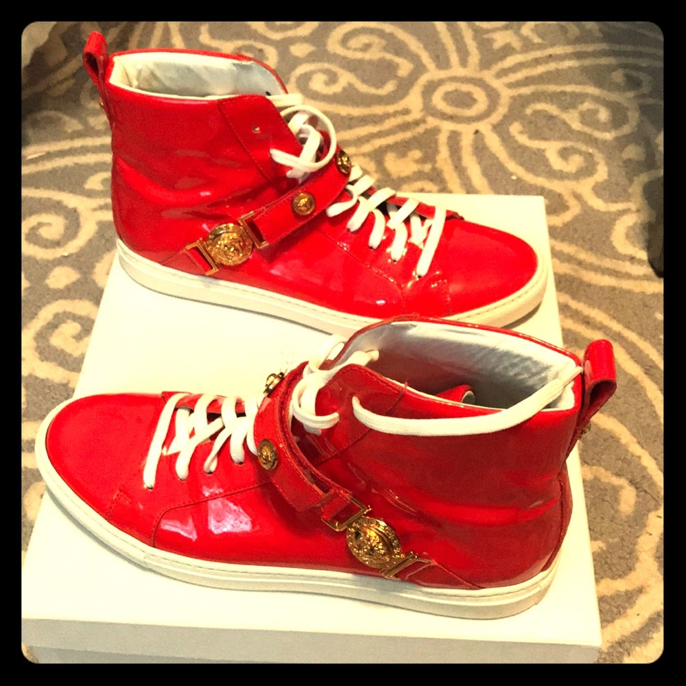 Versace Red Patent Medusa Hi-Top Sneakers 38 7.5
